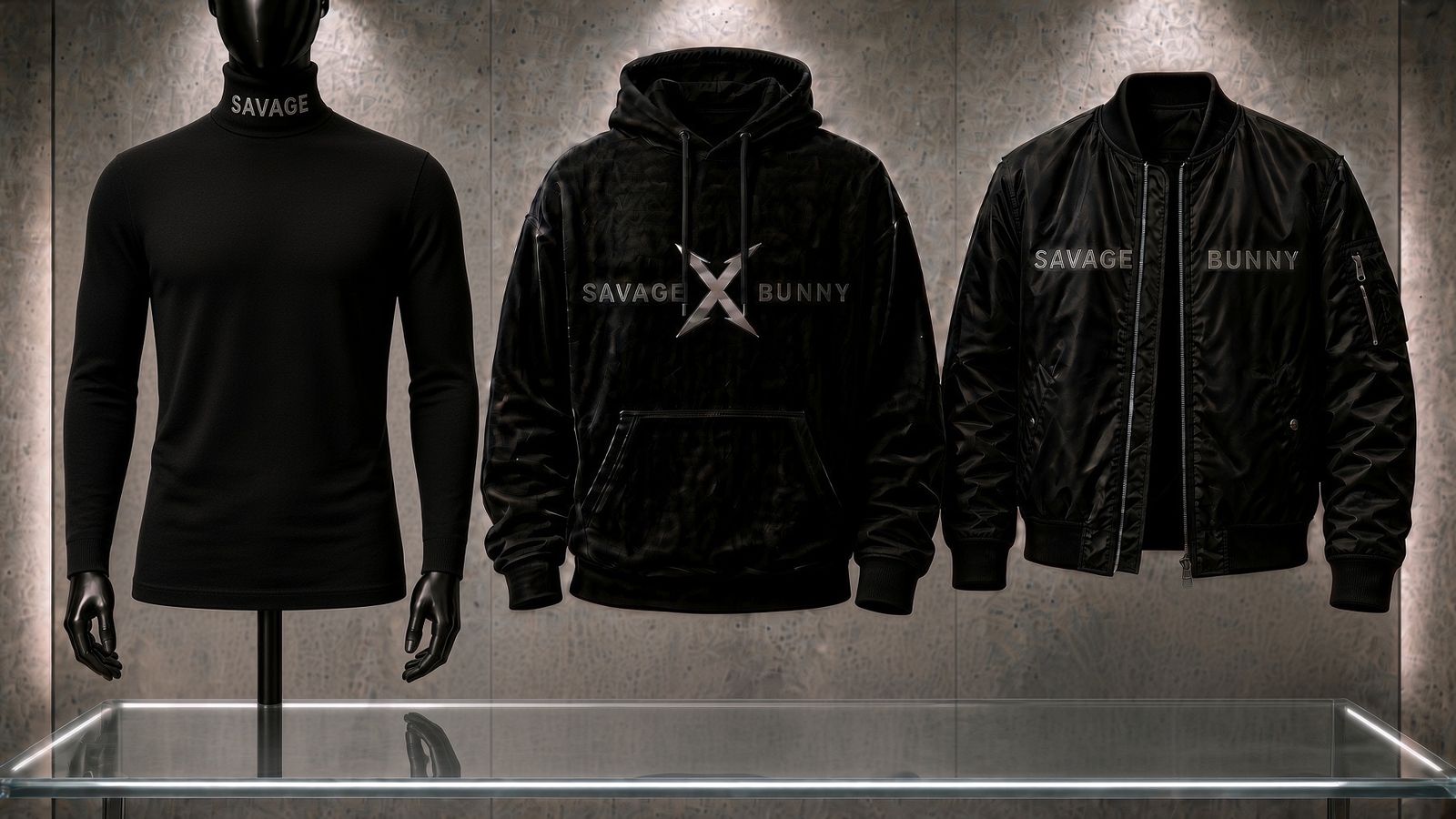The Hoodie — black heavyweight hoodie with chrome SAVAGE x BUNNY lockup