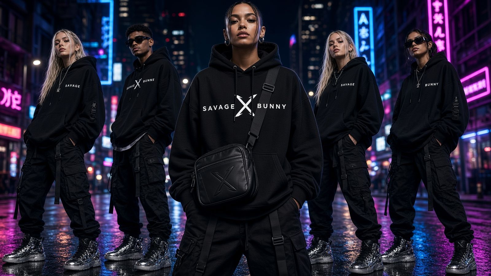 Five models in black SAVAGE x BUNNY hoodies and cargo pants on a neon-lit street at night