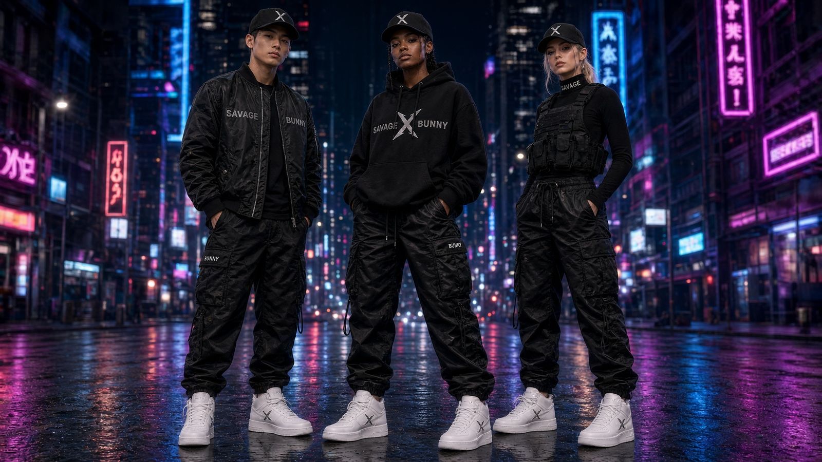 Look 01 — three models in X caps, bomber, hoodie and utility vest on a neon street