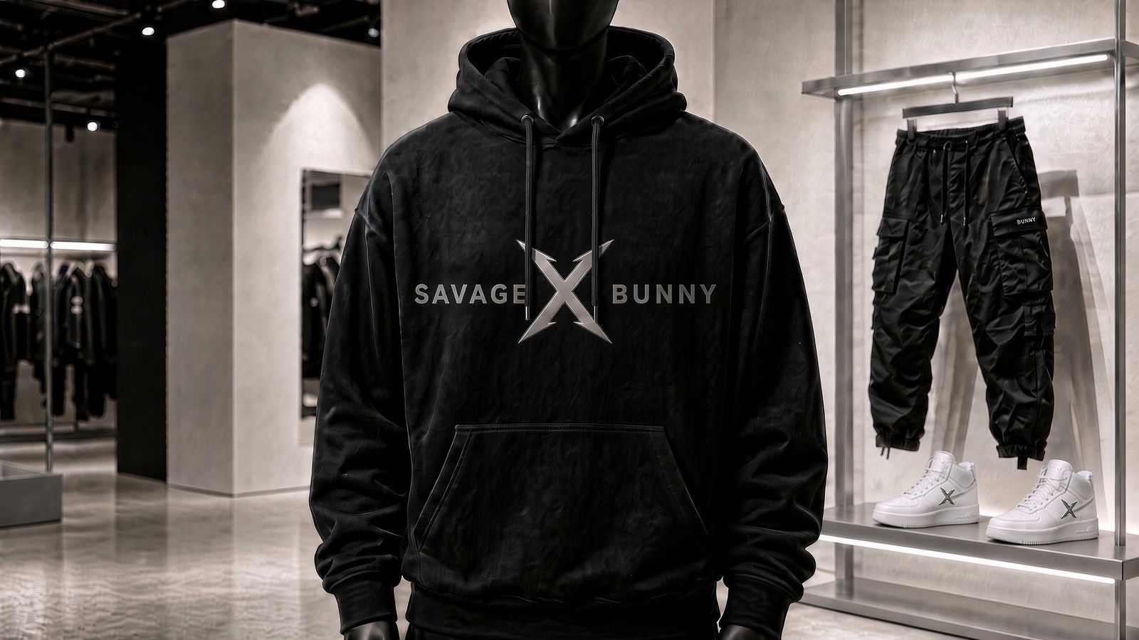 Look 02 — The Hoodie on a mannequin in a concrete showroom