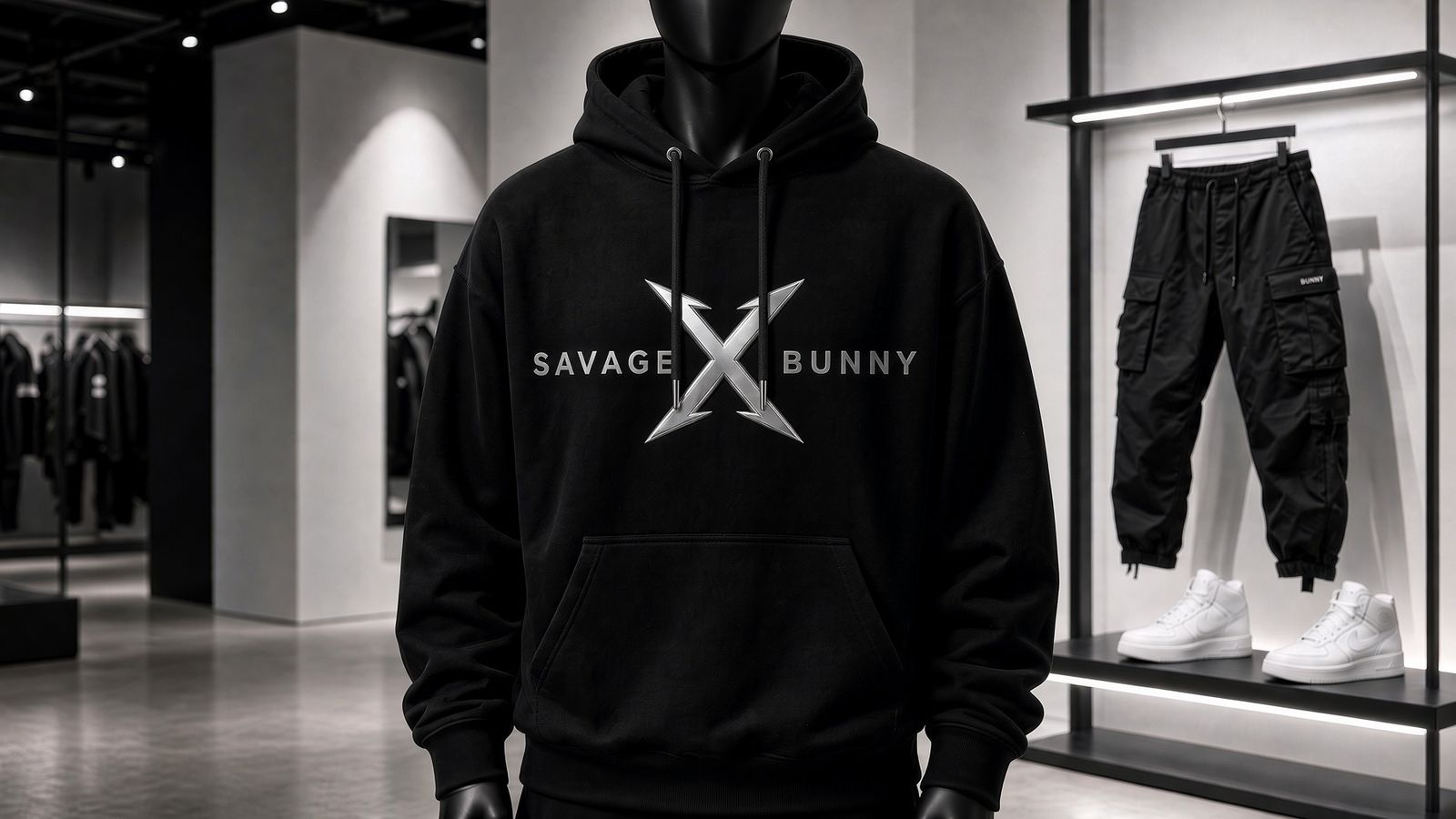 The Cargo — black tech cargo pants with BUNNY tab, hung beside white sneakers