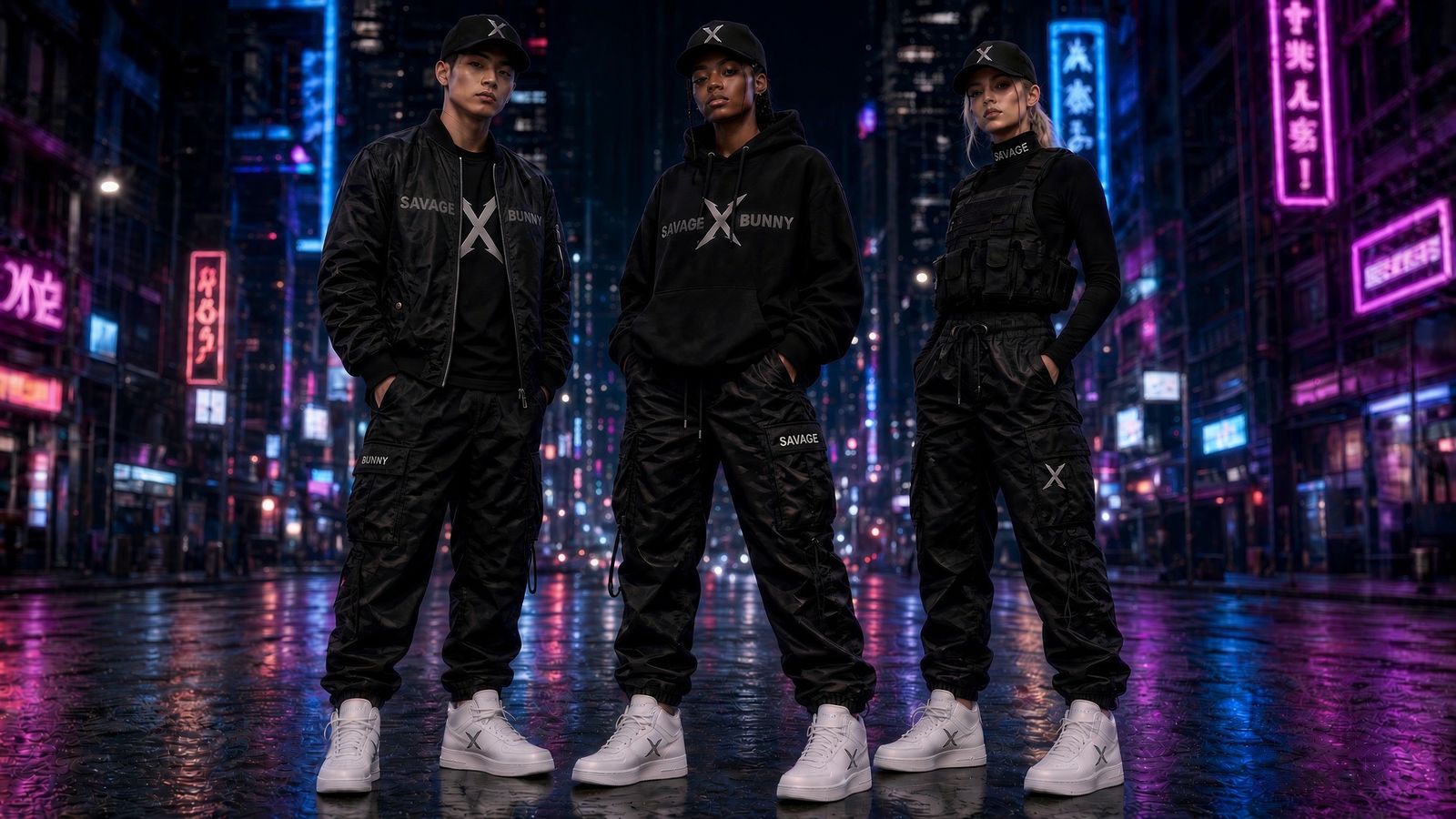 Look 04 — the crew in full black with X tees and white X Lows
